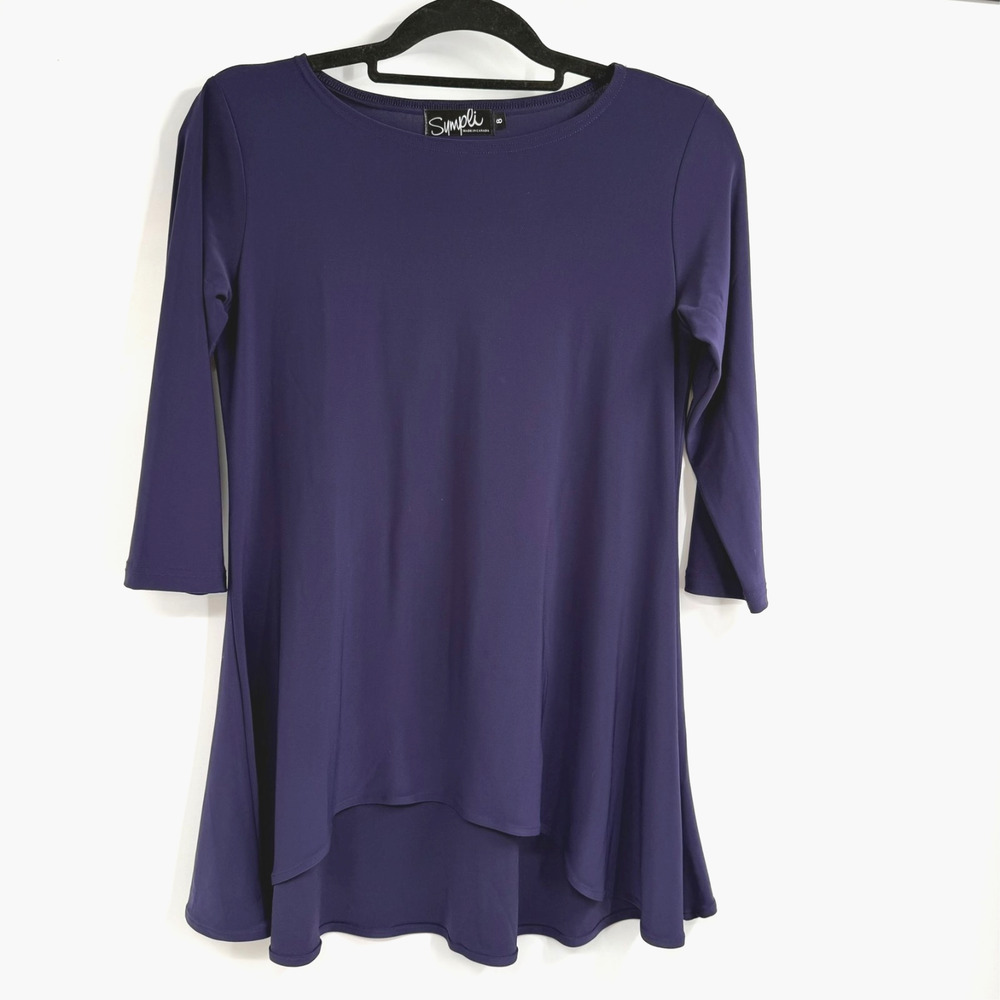Sympli Swing Tunic Top Womens 8 Purple 3/4 Sleeve Stretch Travel Career Flowy